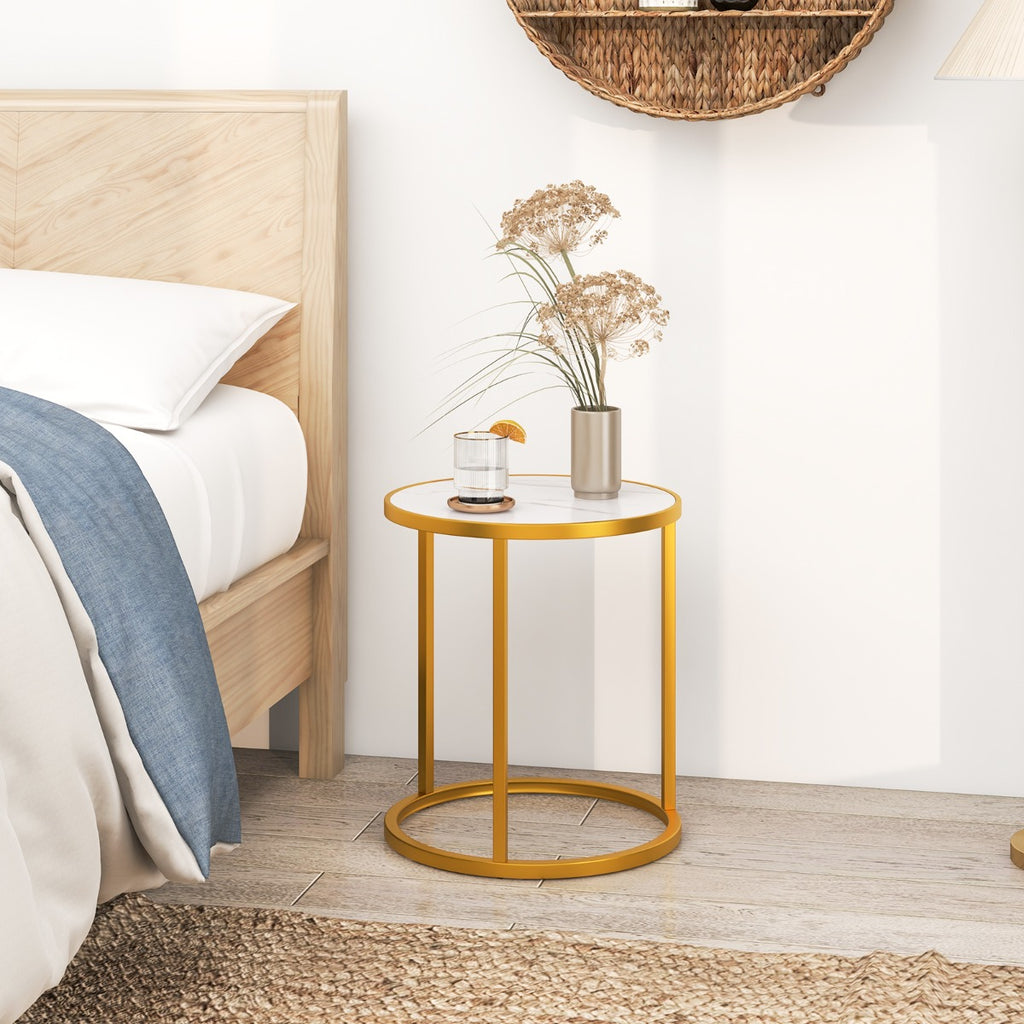 Marble Top Round Side Table with Golden Metal Frame-1 Piece-Golden - Dendo Design